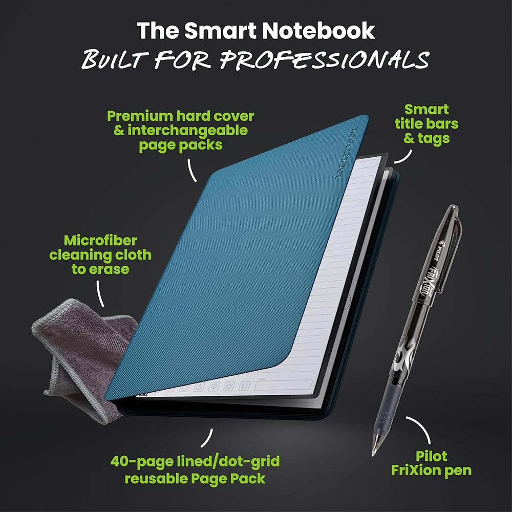 Rocketbook Pro 스마트 재사용 가능 노트북, 리닝 및 점선 교체 페이지, 업무 비즈니스 회의용, 편지 크기 8.5x11, 파란색 Black Executive - 상세 이미지 3