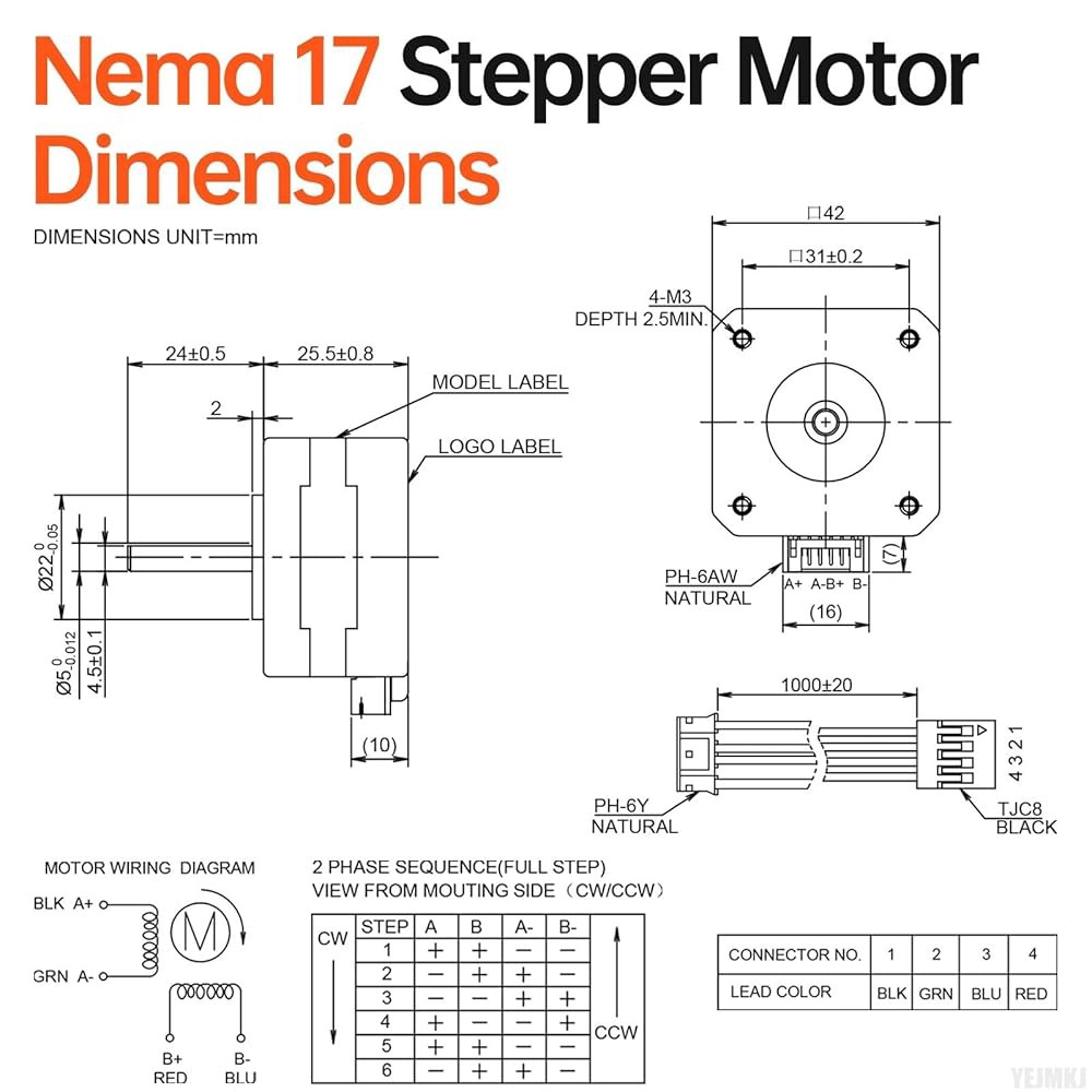 YEJMKJ 3팩 네마 17 스테퍼 모터 1.8 u200C u200C 2상 고토크 0.26Nm(36.82온스 인치) 바이폴라 42x26mm 2.0A 1.1 4-리드 샤프트 24mm - 상세 이미지 2