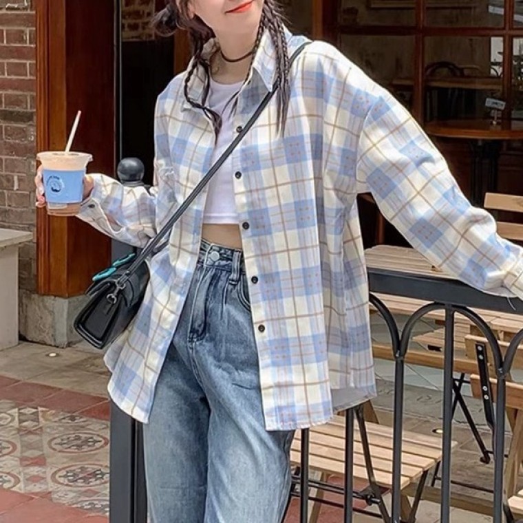 여성 오버핏 체크 셔츠 긴팔 캐주얼 데일리룩 - 상품 이미지