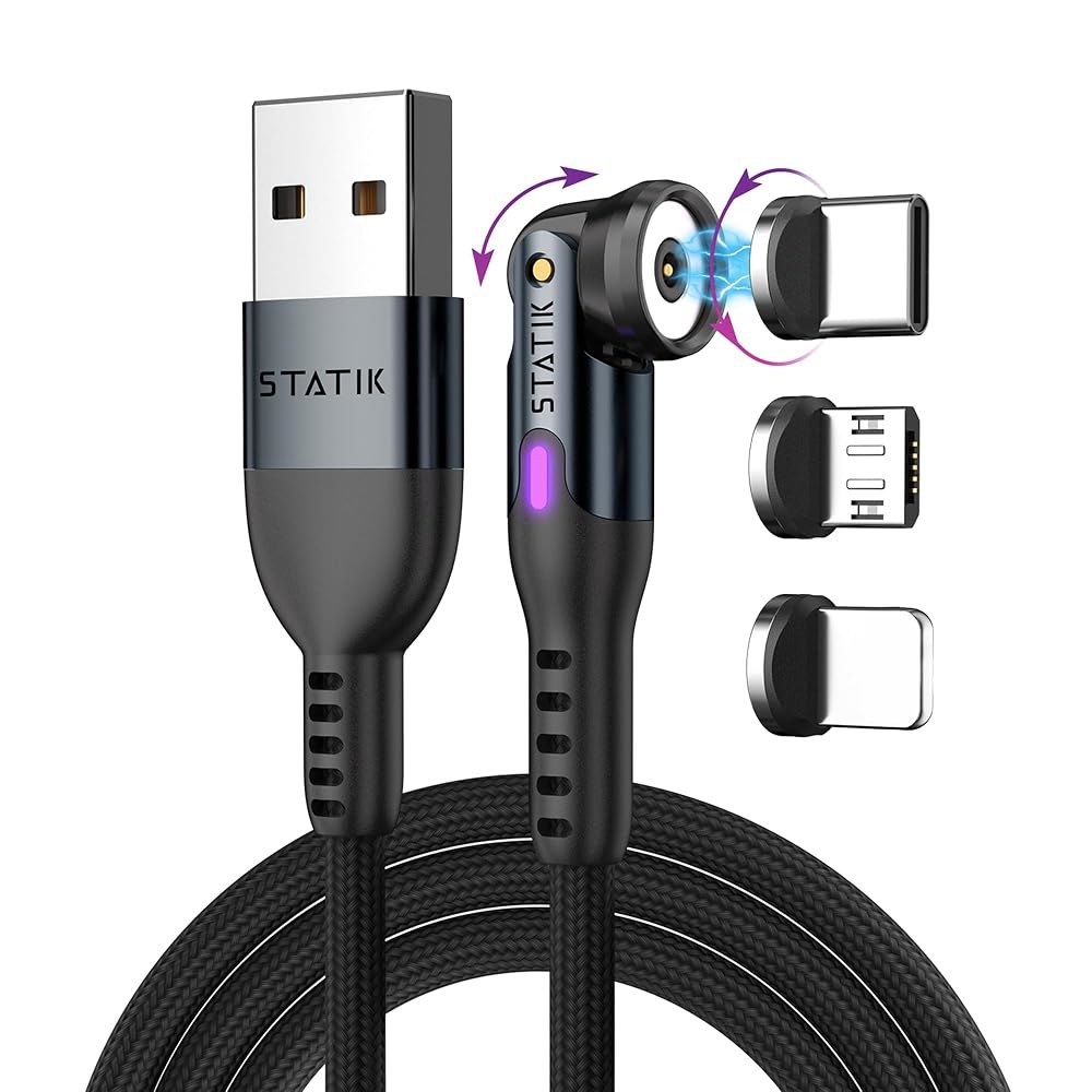 Statik 360 자기 충전 케이블 - 타입 C 충전기 3 in 1 USB to 케이블, 마이크로 및 iProduct 팁, A 어댑터, 휴대폰 코드, 모든 기기와 호환 블랙 6F - 상품 이미지