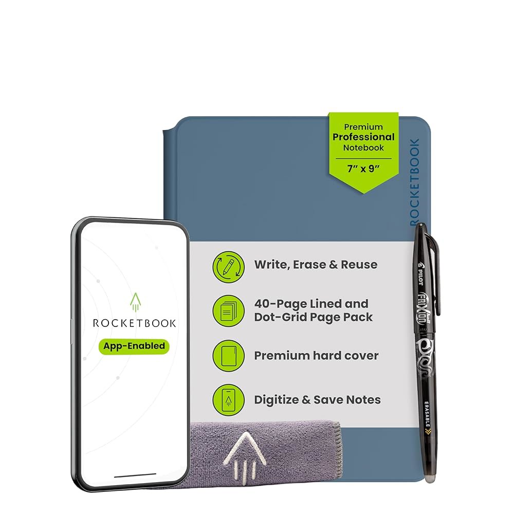 Rocketbook Pro 스마트 재사용 가능 노트북, 리닝 및 점선 교체 페이지, 업무 비즈니스 회의용, Executive 7x9, Blue Black Executive - 상품 이미지