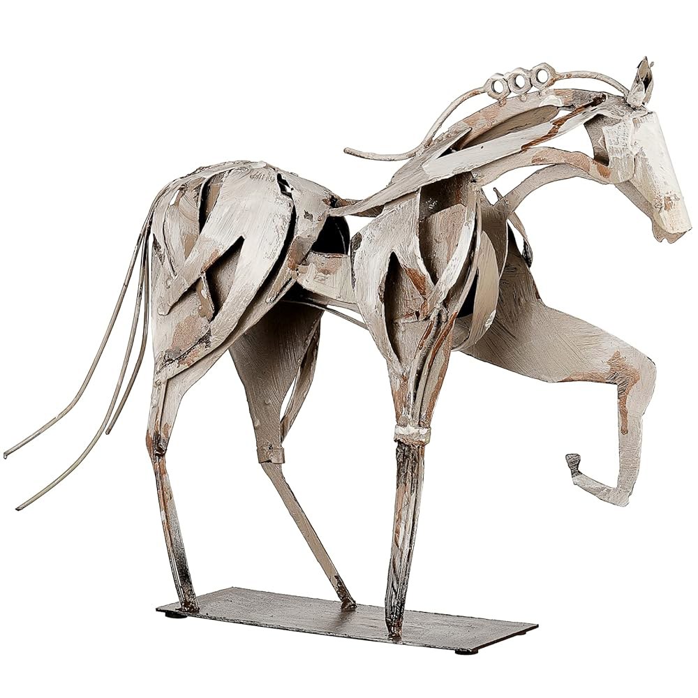 선블로그 아트 수제 금속 말 동상 장식 - 수공예 및 수작업으로 그린 조각품, 가정, 사무실, 책상 장식을 위한 독특한 소박한 피규어 (흰색) Black - 상품 이미지