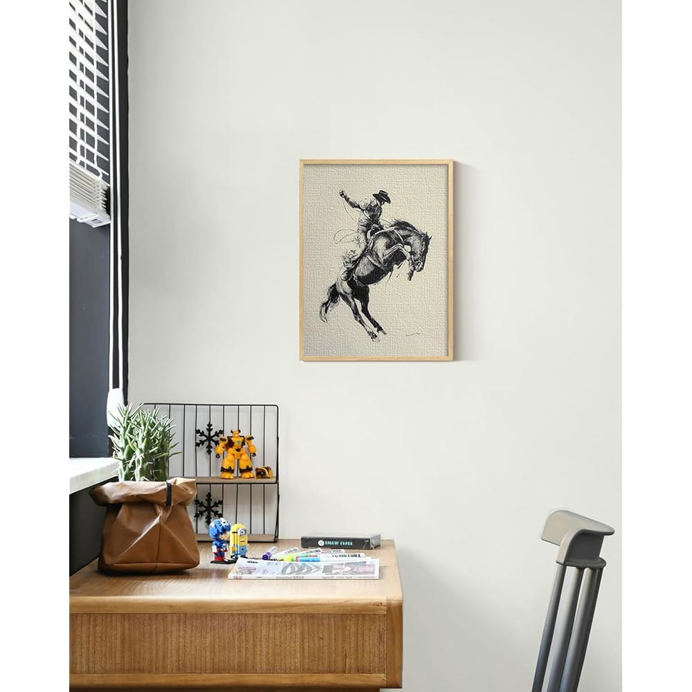 ARPEOTCY 작은 액자 캔버스 벽 아트, 12x16인치, 빈티지 스케치 카우보이 말 침실 선반용 웨스턴 룸 장식, 컨트리 레트로 아트워크 - 상세 이미지 2