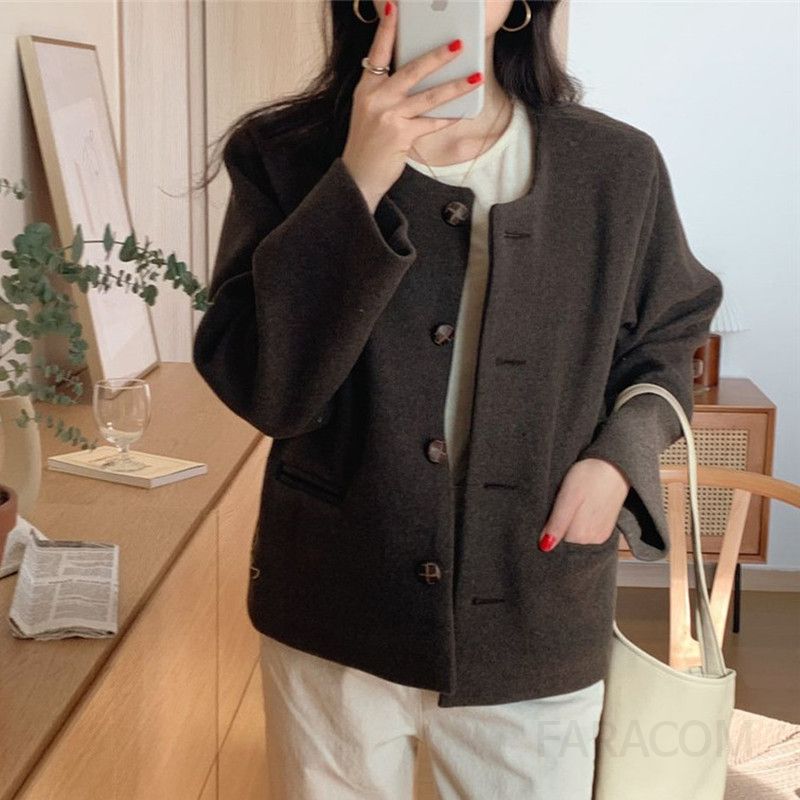 여성 노카라 라운드넥 싱글버튼 숏 자켓 데일리 간절기 오피스 루즈핏 재킷 가을 겨울 - 상세 이미지 5