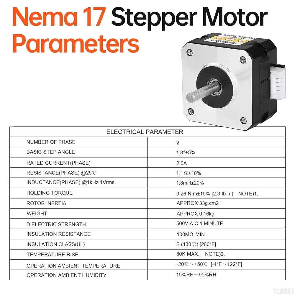 YEJMKJ 10팩 네마 17 스테퍼 모터 2상 1.8 u200C u200C 0.26Nm(36.82온스 인치) 고토크 바이폴라 26mm 2.0A 1.1 4-리드 샤프트 24mm - 상세 이미지 3