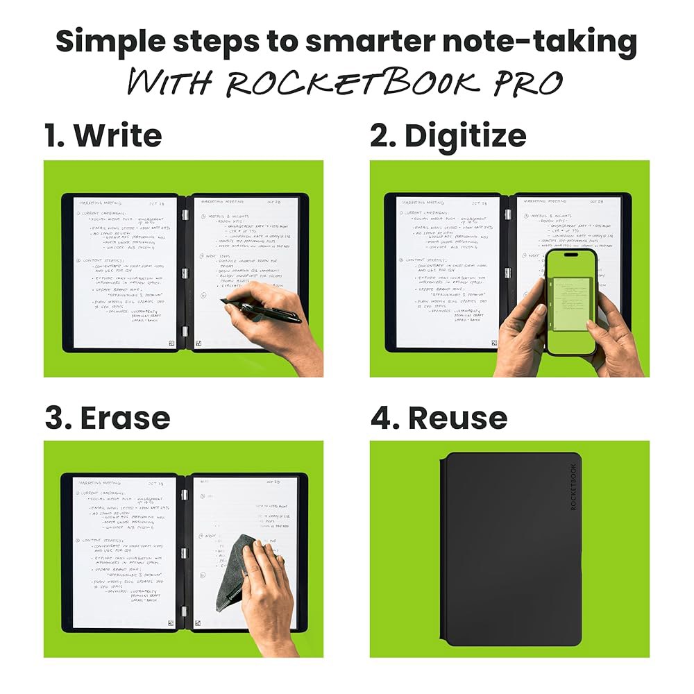 Rocketbook Pro 스마트 재사용 가능 노트북, 리닝 및 점선 교체 페이지, 업무 비즈니스 회의용, 편지 크기 8.5x11, 파란색 Black Executive - 상세 이미지 2
