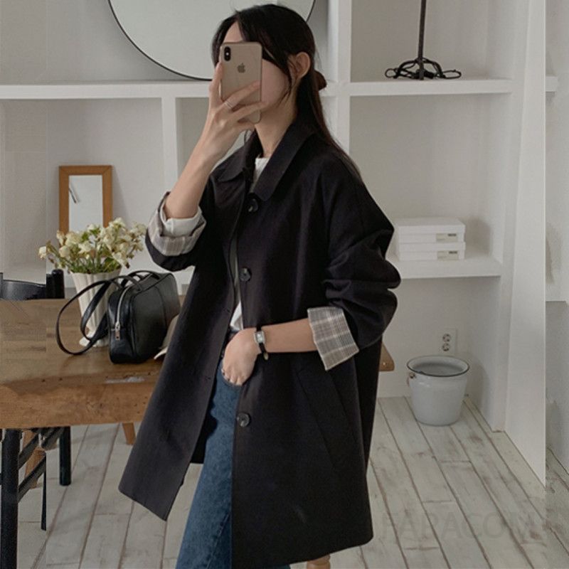 여성 루즈핏 싱글버튼 카라넥 중장 트렌치 코트 점퍼 재킷 봄 간절기 아우터 - 상세 이미지 5