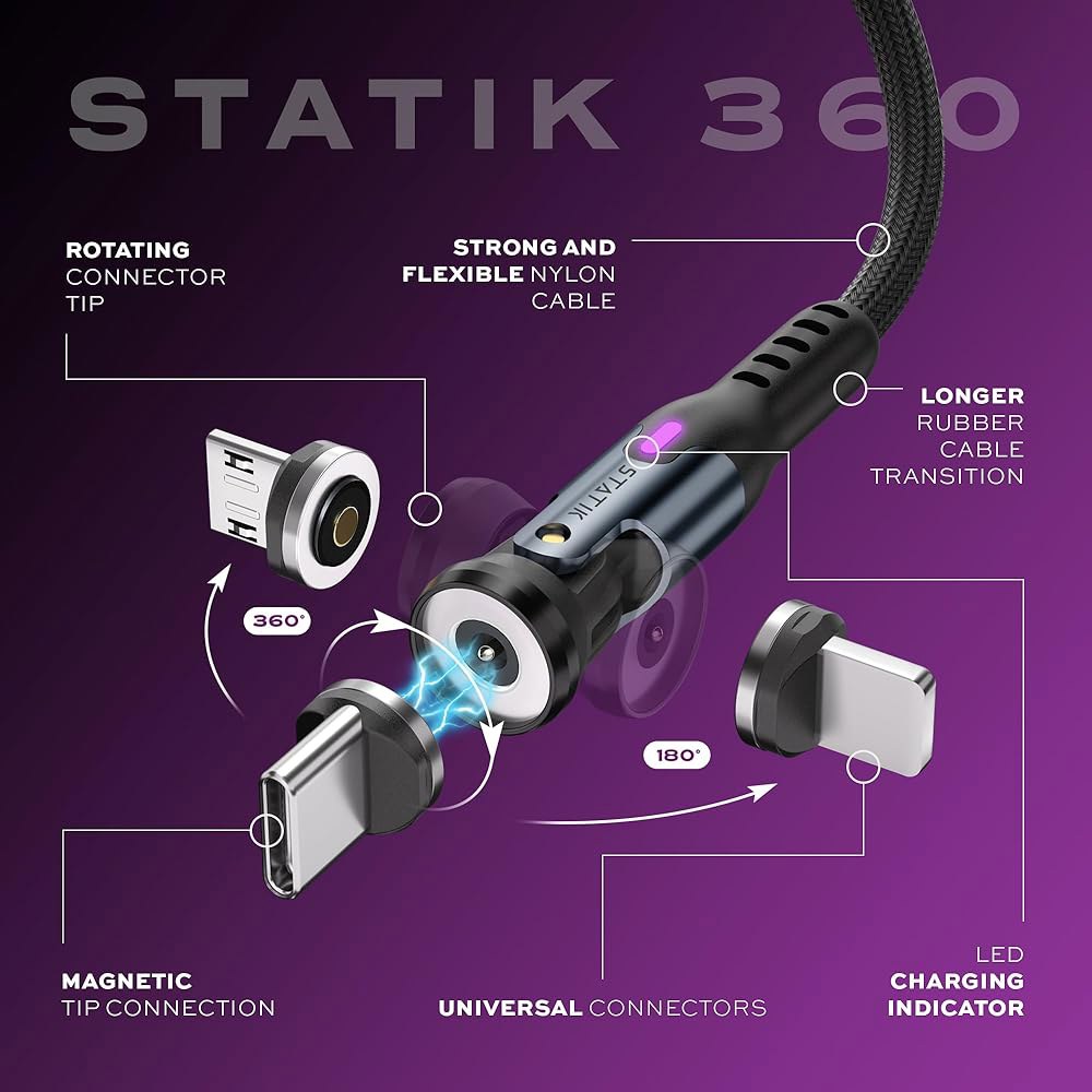 Statik 360 자기 충전 케이블 - 타입 C 충전기 3 in 1 USB to 케이블, 마이크로 및 iProduct 팁, A 어댑터, 휴대폰 코드, 모든 기기와 호환 블랙 6F - 상세 이미지 2