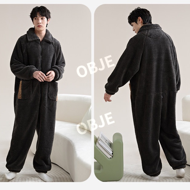 남성용 플러시 겨울 홈웨어 상하 일체형 잠옷 세트 - 상세 이미지 2
