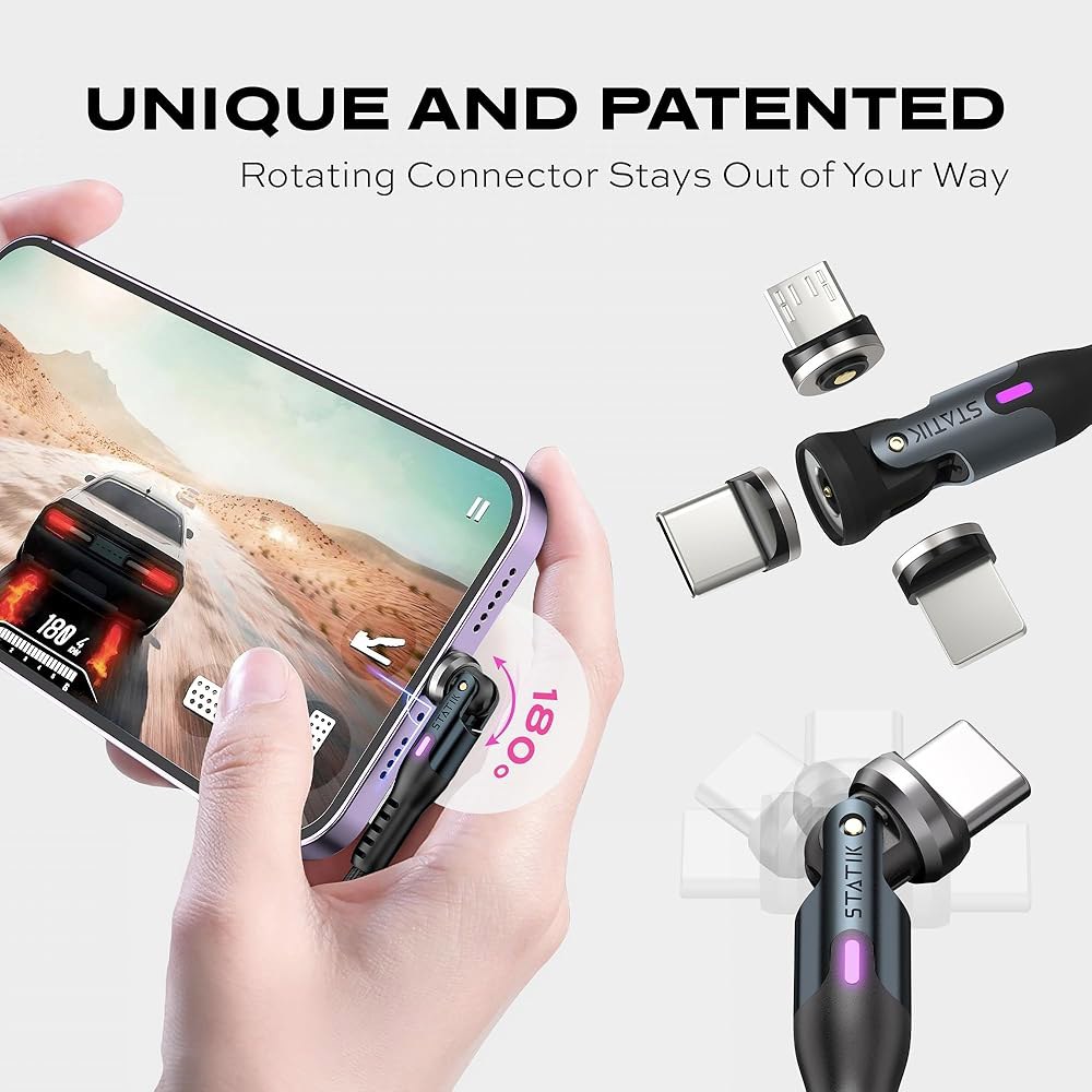 Statik 360 자기 충전 케이블 - 타입 C 충전기 3 in 1 USB to 케이블, 마이크로 및 iProduct 팁, A 어댑터, 휴대폰 코드, 모든 기기와 호환 블랙 6F - 상세 이미지 3