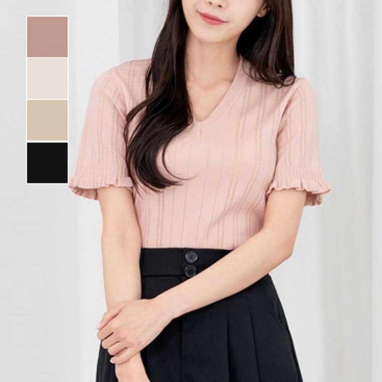 브이넥 러블리 니트 여성 프릴 포인트 소매 여자의류 반팔티 카라 - 상품 이미지