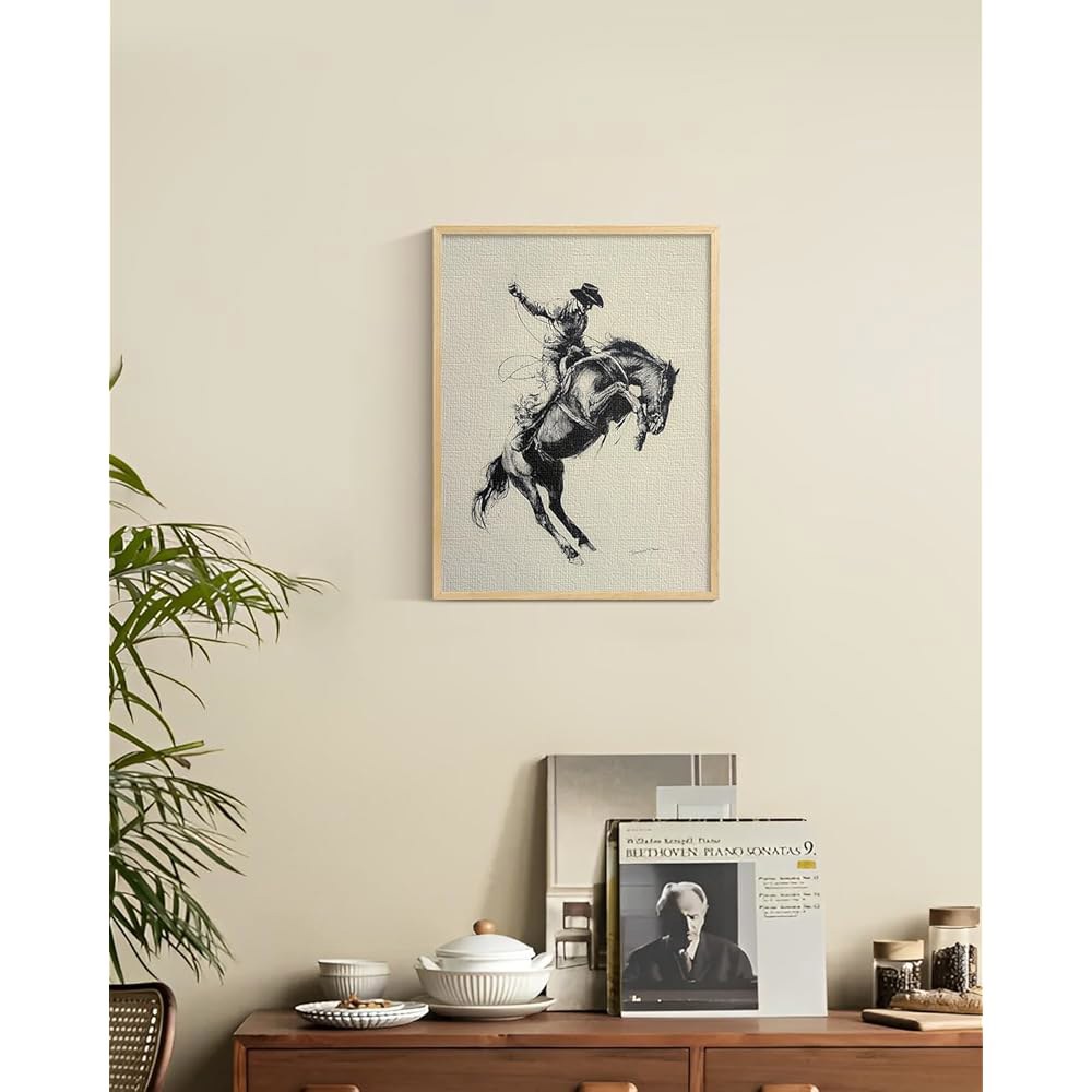 ARPEOTCY 작은 액자 캔버스 벽 아트, 12x16인치, 빈티지 스케치 카우보이 말 침실 선반용 웨스턴 룸 장식, 컨트리 레트로 아트워크 - 상세 이미지 3