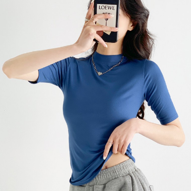 봄 여름 가을 모달 5부 얇은 찰랑 소프트 스판 이너 반목티 티셔츠 목폴라 반팔티 - 상품 이미지