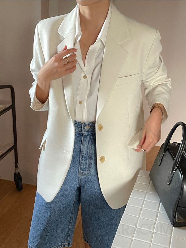 여성 루즈핏 오버핏 싱글 버튼 베이직 간절기 자켓 재킷 심플 솔리드 데일리 아우터 봄 가을 오피스 하객룩 빅사이즈 긴팔 - 상세 이미지 3