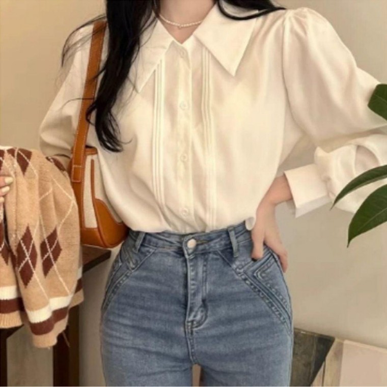 여성 클래식 카라 블라우스 화이트 1P 퍼프 소매 출근 긴팔 루즈핏셔츠 러블리 여자 - 메인 이미지