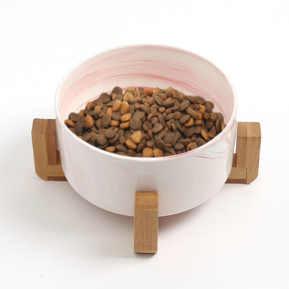 반려 동물 애견 우드 받침 도자기 식기( 16 cm) (마블 핑크) 강아지도 고양이도 - 상품 이미지