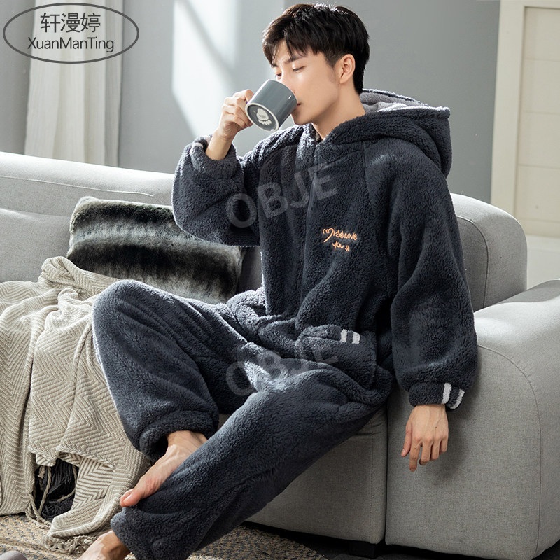 남성용 플러시 겨울 홈웨어 상하 일체형 잠옷 세트 이미지 6