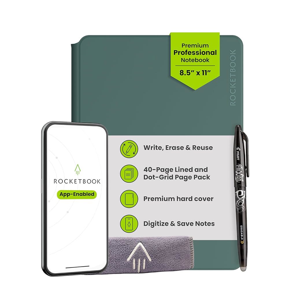 Rocketbook Pro 스마트 재사용 가능 노트북, 리닝 및 점선 교체 페이지, 업무 비즈니스 회의용, 글자 크기 8.5x11, 녹색 Black Executive - 상품 이미지