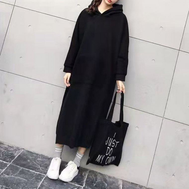 간절기 루즈핏 캐주얼 후드 기모 롱 원피스 여성 여자 긴팔 홈웨어 겨울 실내복 - 상품 이미지