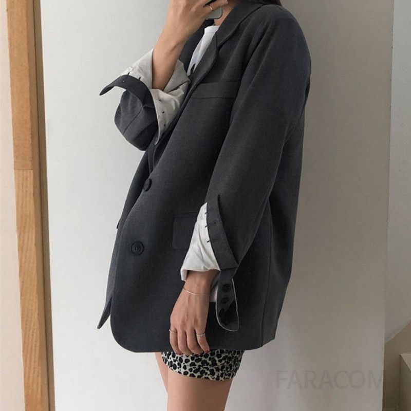 여성 루즈핏 오버핏 싱글 버튼 베이직 간절기 자켓 재킷 심플 솔리드 데일리 아우터 봄 가을 오피스 하객룩 빅사이즈 긴팔 - 상세 이미지 5
