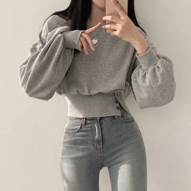 티셔츠 벌룬소매 라운드 강조 단추 맨투맨 여성 허리라인 2색 - 상품 이미지