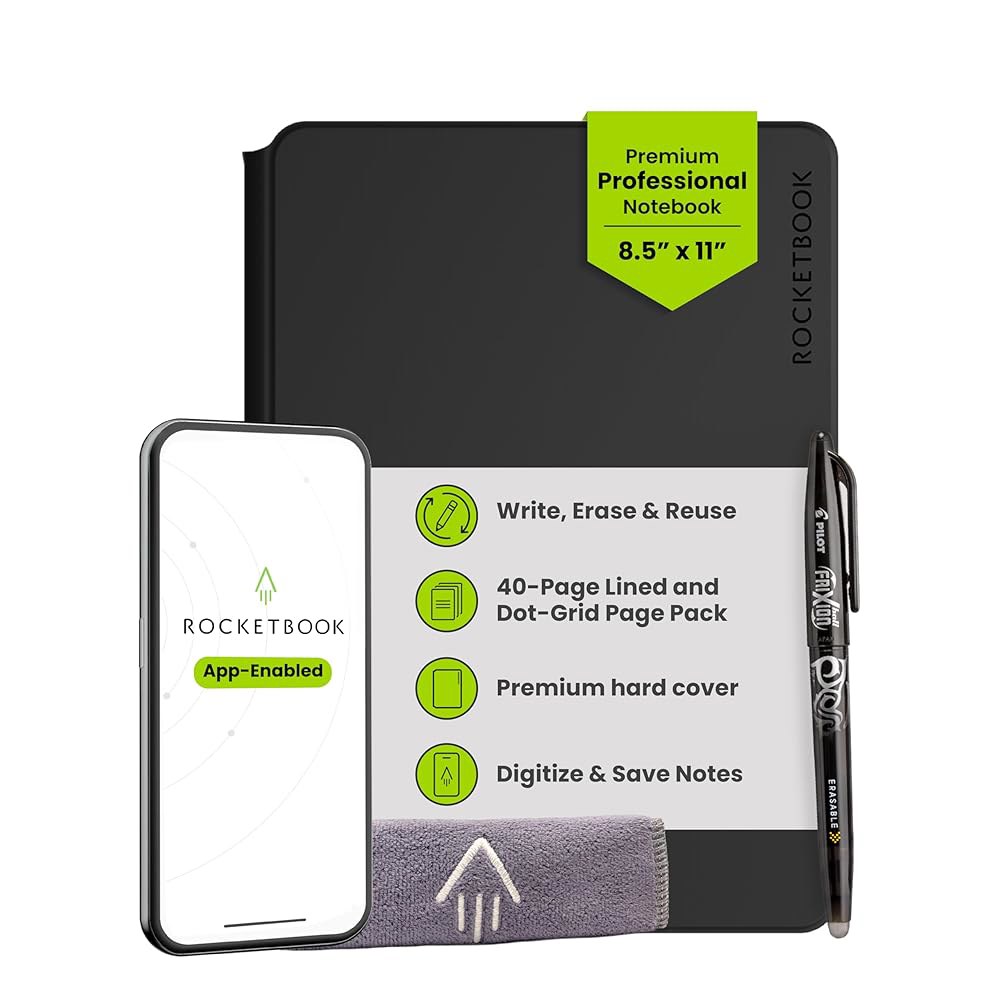 Rocketbook Pro 스마트 재사용 가능 노트북, 리닝 및 점선 교체 페이지, 업무 비즈니스 회의용, 글자 크기 8.5x11, 검정 Black Executive - 상품 이미지