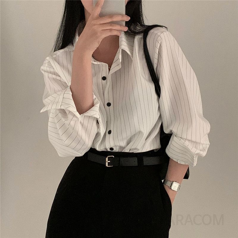 여성 루즈핏 카라넥 스트라이프 드롭숄더 포켓 롱 셔츠 긴팔 블라우스 데일리 오피스룩 봄 가을 - 상세 이미지 5