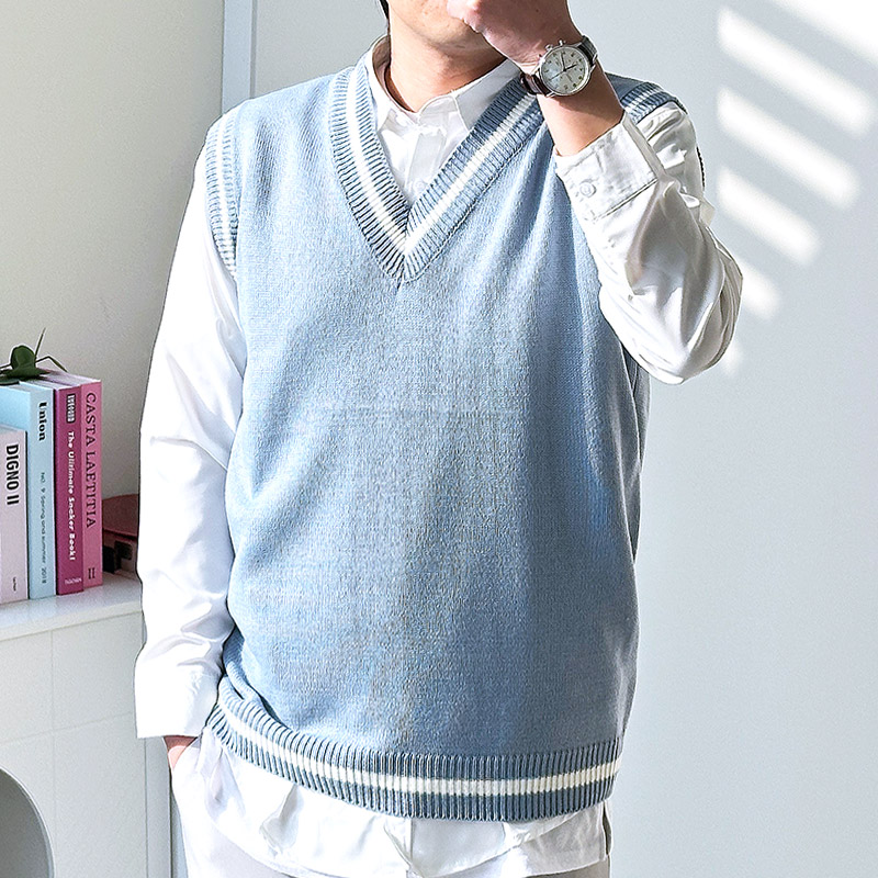 남자 니트 조끼 브이넥 배색 스웨터 베스트 - 상세 이미지 3