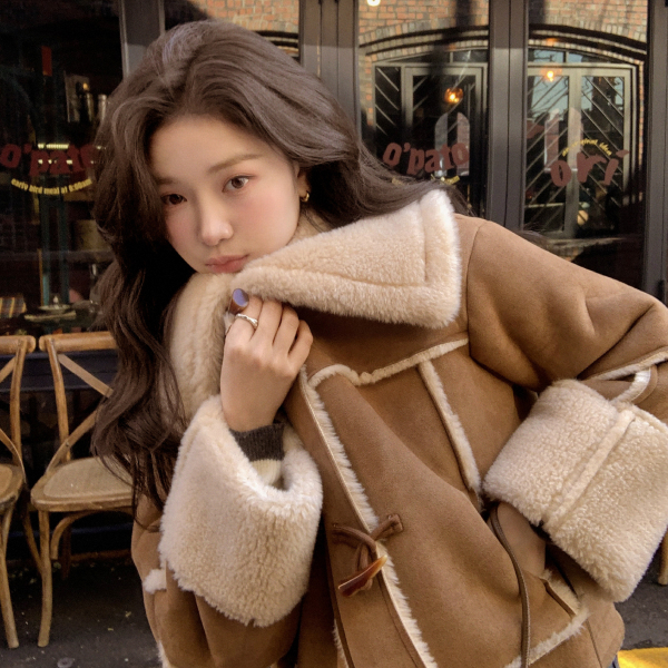 와이드 양털 카라 스웨이드 더플 숏 무스탕 jk3046 - 상품 이미지