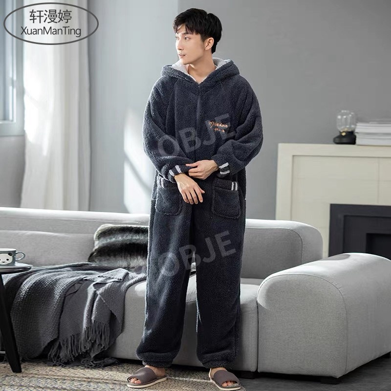 남성용 플러시 겨울 홈웨어 상하 일체형 잠옷 세트 - 상세 이미지 3