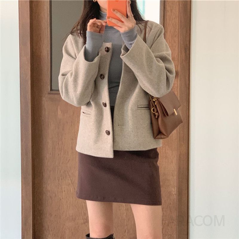 여성 노카라 라운드넥 싱글버튼 숏 자켓 데일리 간절기 오피스 루즈핏 재킷 가을 겨울 - 상세 이미지 3