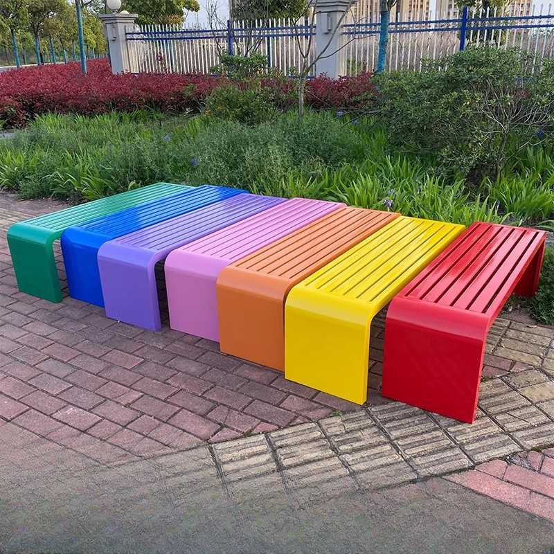 야외 공원 벤치 등받이없는 슬림형 다채로운 컬러 라운드형 금속 스틸 200x40x45 흰색 - 상세 이미지 3