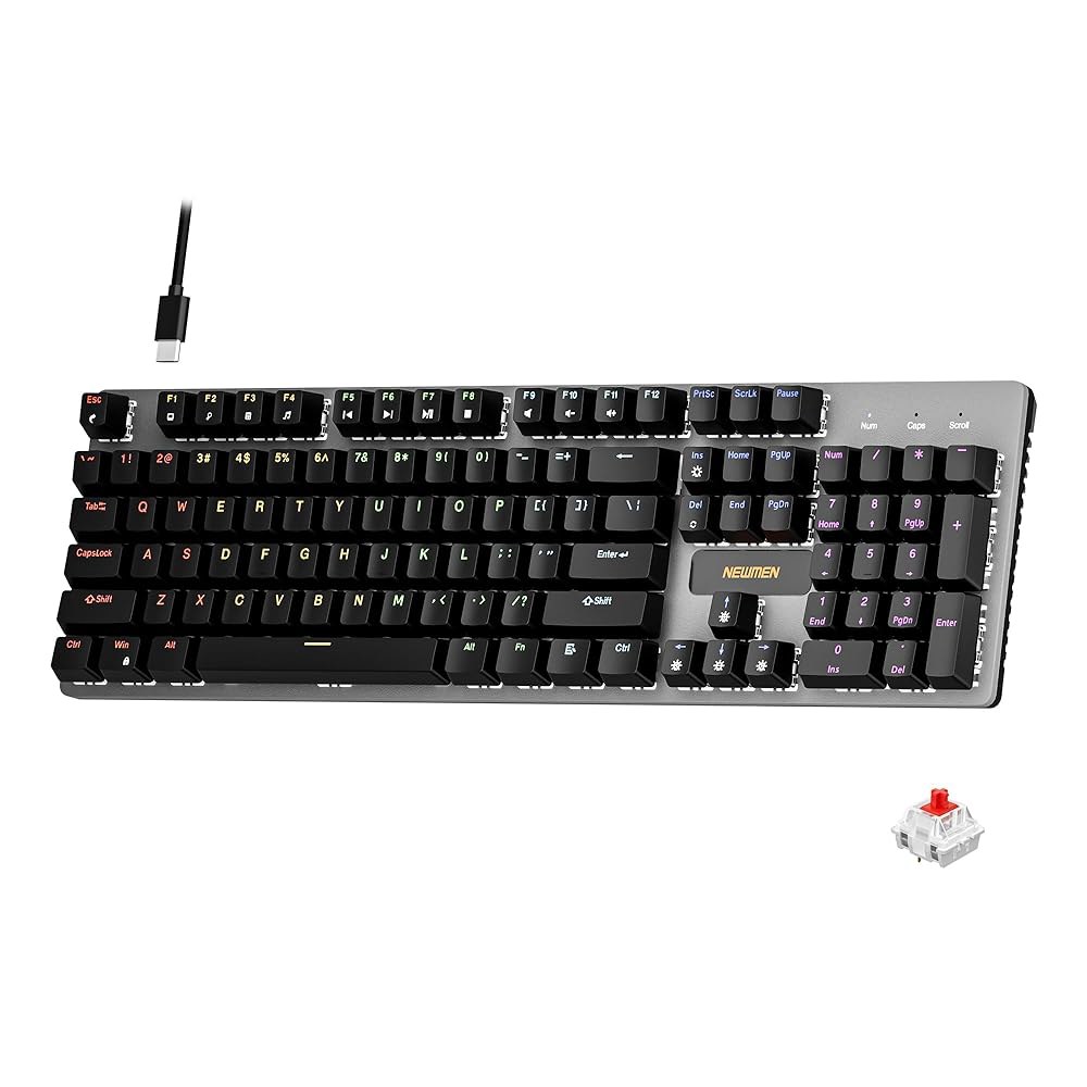 뉴맨 GM325Pro 기계식 키보드, 104 키 레인보우 LED 백라이트 유선 게이밍 핫 스왑 메탈 패널 ABS 블랙 키캡 윈도우 노트북 PC 리니어 레드 스위치용 - 상품 이미지