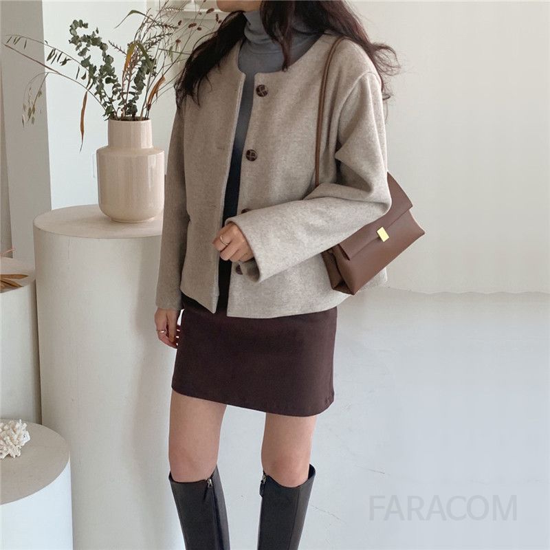 여성 노카라 라운드넥 싱글버튼 숏 자켓 데일리 간절기 오피스 루즈핏 재킷 가을 겨울 - 상세 이미지 2
