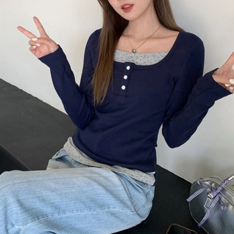 배색 버튼 레이어드 티셔츠 SNY-0020 - 메인 이미지
