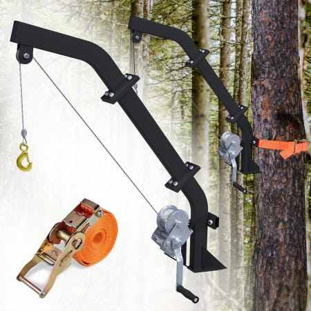 AIMAX OUTDOOR 윈치 및 래칫 스트랩이 있는 맥스 야외 나무 장착 게임 호이스트 500LBS 용량의 사냥용 사슴 스킨 또는 청소 게임용 26FT 스틸 케이블 헤비 듀티 행거