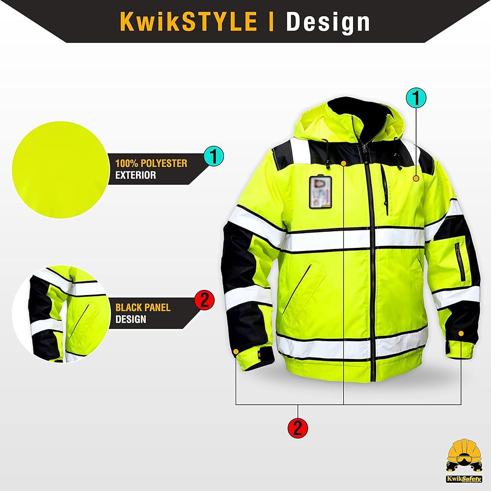 KwikSafety 반사 재킷 | 남성용 단열 하이비스 작업 폭격기 옐로우, 오렌지, 멀티컬러 - 상세 이미지 2
