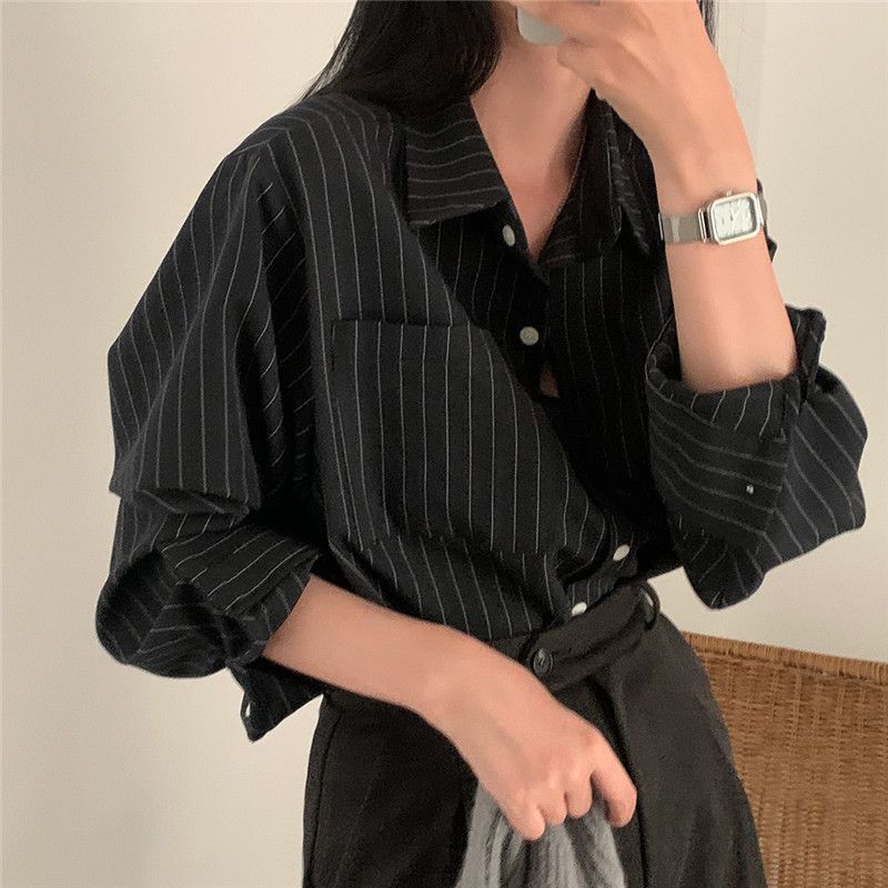 여성 루즈핏 카라넥 스트라이프 드롭숄더 포켓 롱 셔츠 긴팔 블라우스 데일리 오피스룩 봄 가을 - 상세 이미지 2