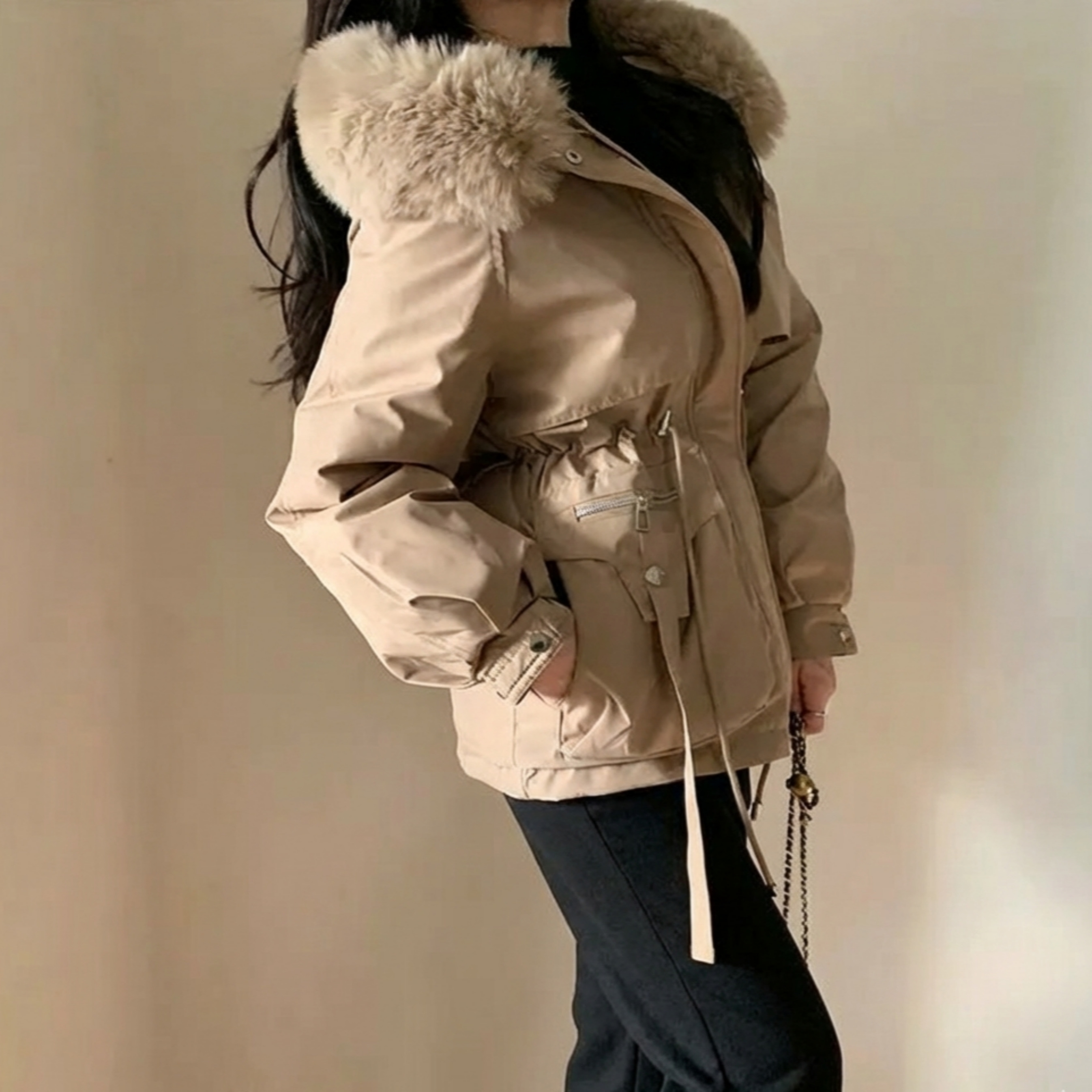 야상패딩 여성하프패딩 밍크퍼후드야상 - 상세 이미지 4