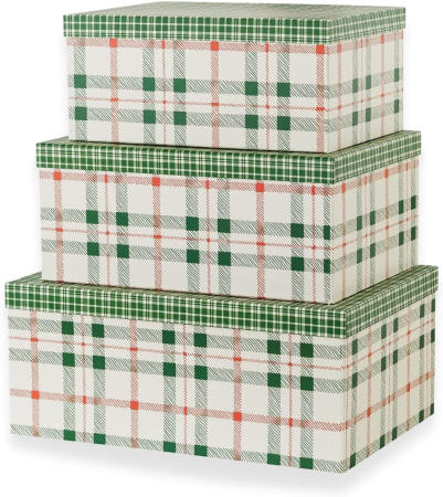 소울 & 레인 격자무늬 크리스마스 선물 상자 - 3종 세트: 홀리데이 장식 보관함 장식용 사진 뚜껑이 있는 유품 선물용 네스팅 판지 용기 계절 Evergreen Ensemble