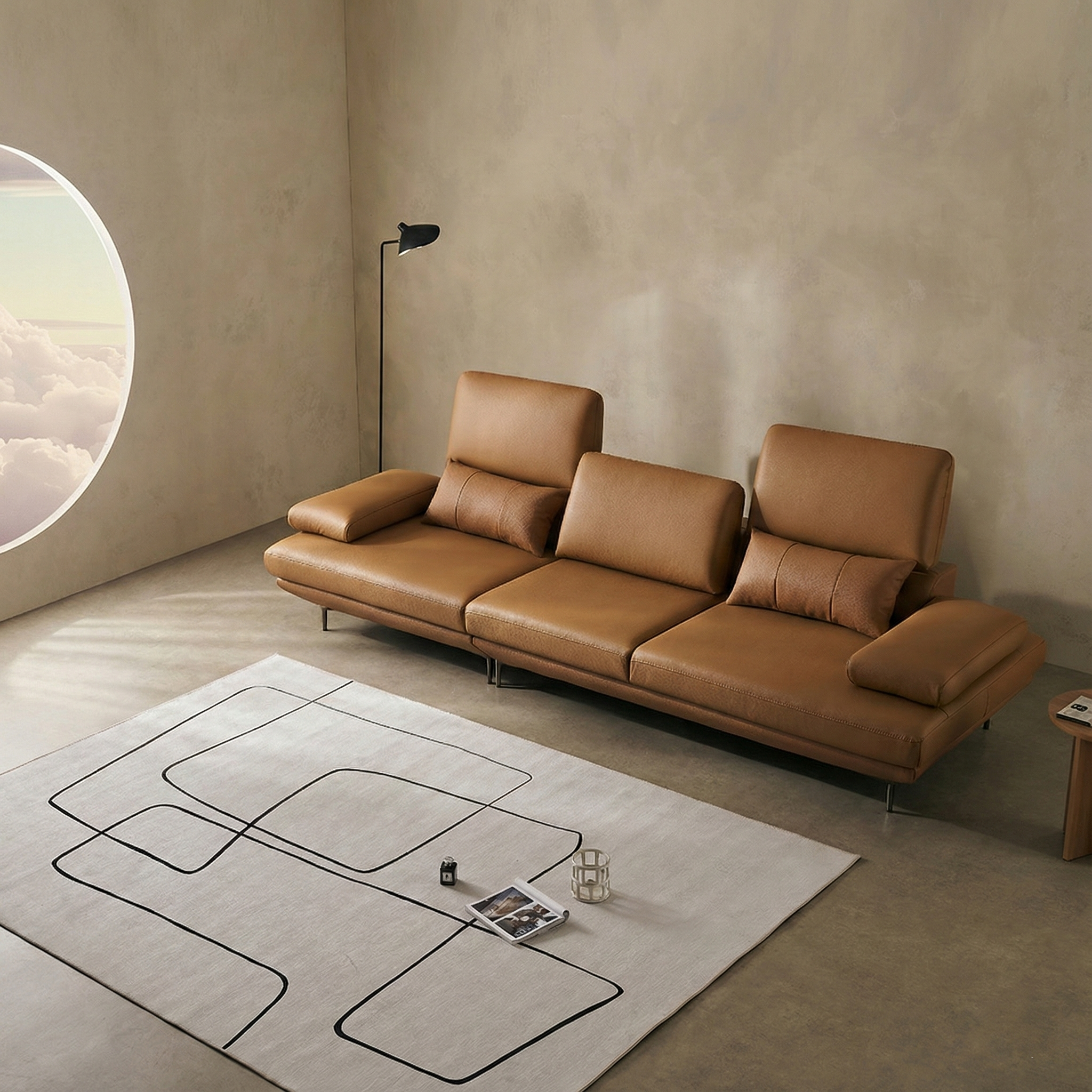 쉐우드가구 테소로 이태리 천연통가죽 모듈형 스윙 소파 스툴미포함, 크림, 4인용