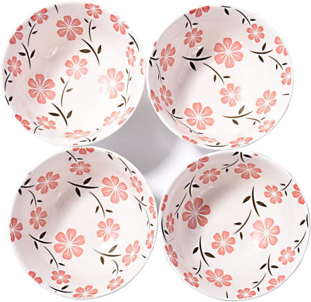 화이트니어 일본 세라믹 밥 & 스시 볼 세트 u2013 4팩 화이트 벚꽃 디자인 전자레인지 및 식기세척기 사용 가능 가정용 우아한 식기 레스토랑용 Black