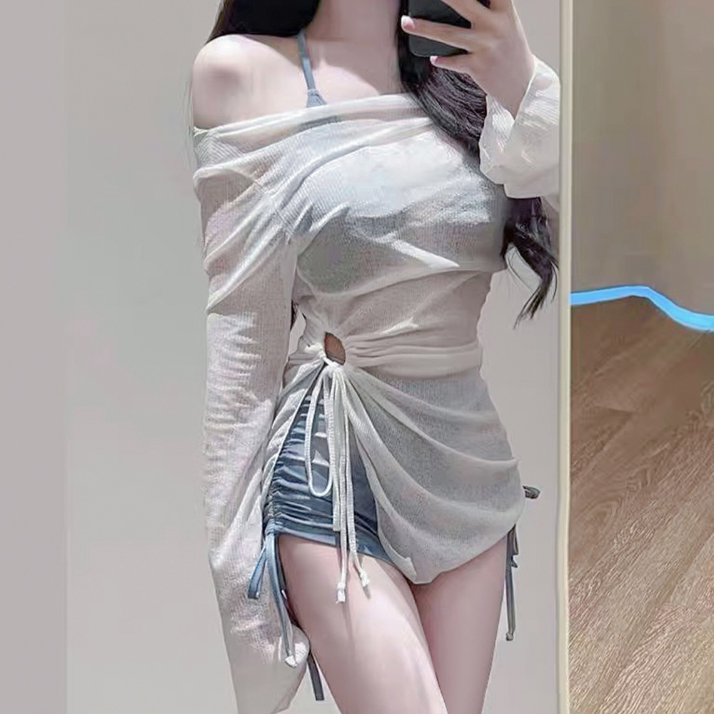 오르웨인 비키니 커버업 시스루 셔링 여성 수영복 세트 3pcs - 상품 이미지