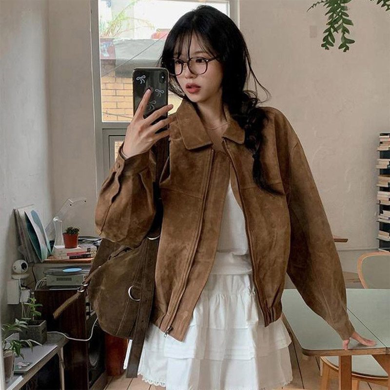 스웨이드자켓 여성 숏자켓 적당루즈핏 밑단밴딩 겨울 - 메인 이미지