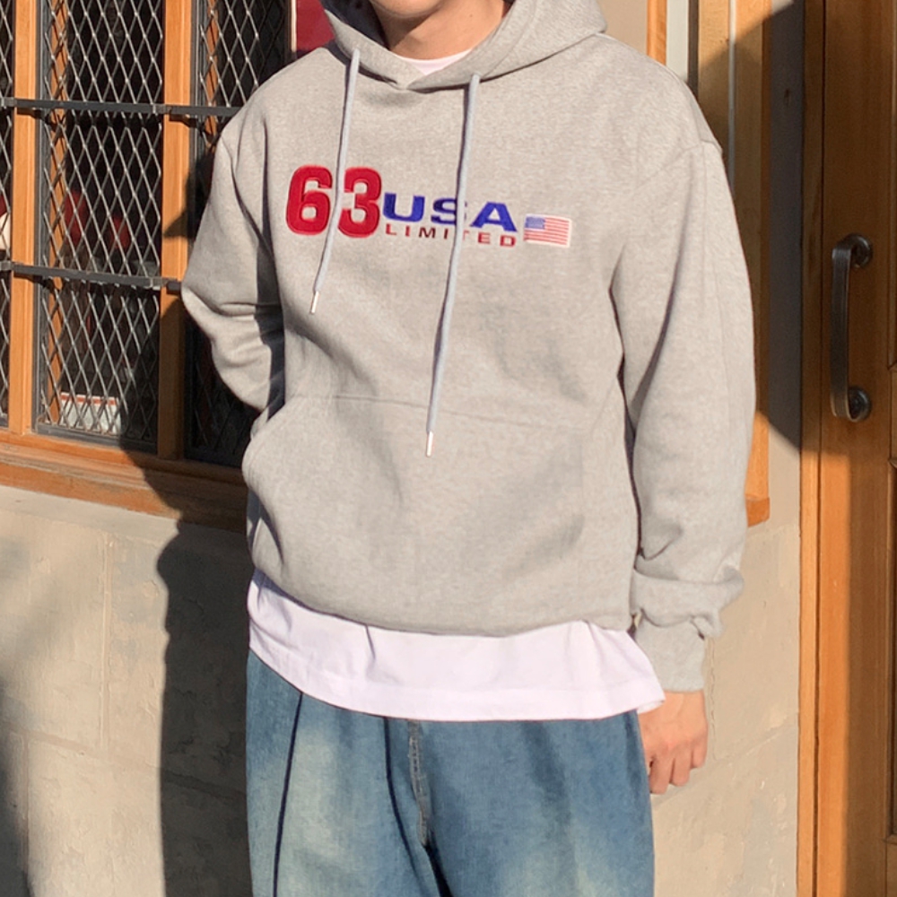 남자 63 오버핏 겨울 기모 자수 후드 티셔츠 - 상세 이미지 3