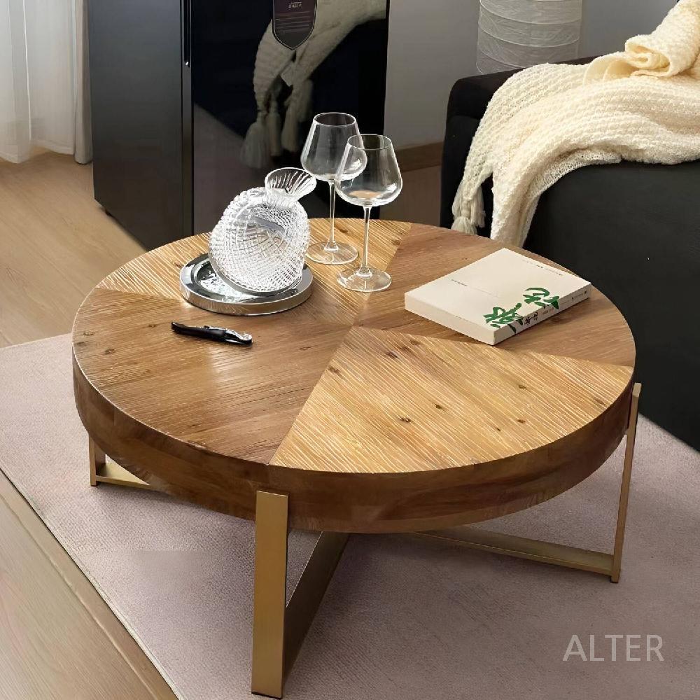 빈티지 우드 거실테이블 티테이블 원목 원형테이블 커피 테이블 금발 60x60x42cm - 상세 이미지 2