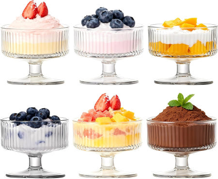DTREEL 6PCS 유리 디저트 그릇 순대 스크림 쇼트 스템프 해바라기 새우 칵테일 잔 애피타이저 과일 샐러드 푸딩 접시 발