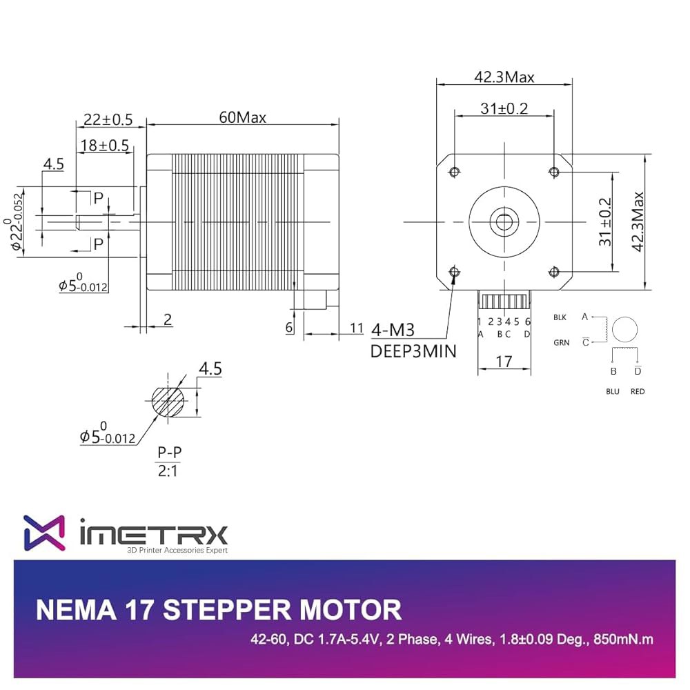 SIMAX3D Nema 17 스테퍼 모터 42x60mm 2.1A 2상 4선 1.8도, 3D 프린터 모터용 1미터 케이블 포함 42-23 Black 1 - 상세 이미지 2