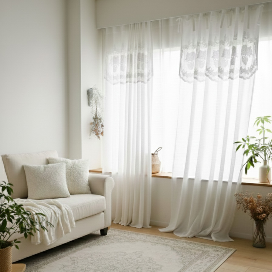 모네 프렌치 고급 화이트 린넨 자수 패널 수입 북유럽 커튼 거실 작은방 안방 가림막