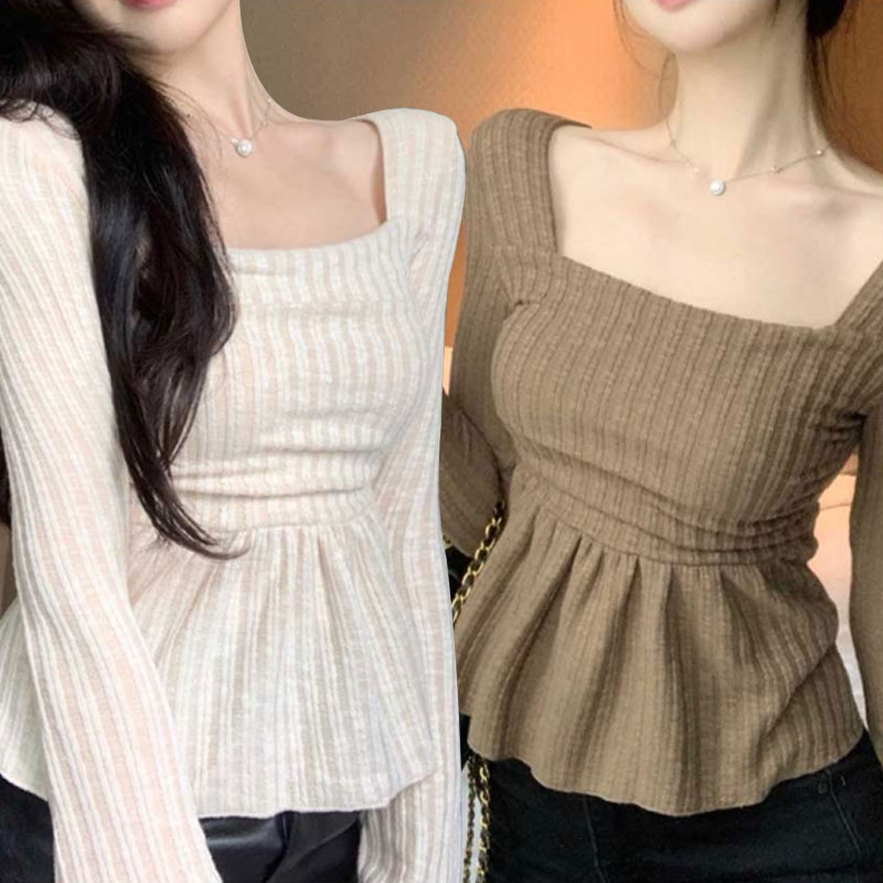 스퀘어넥 여성스런 프릴밑단 똥배가림 슬림핏 긴팔티 - 상품 이미지